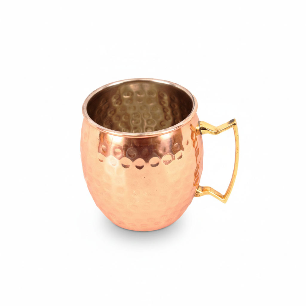 Pure copper hammered round shaped moscow mule, beer mug with designer brass handle & tin lining, barware, 1, 530 ML